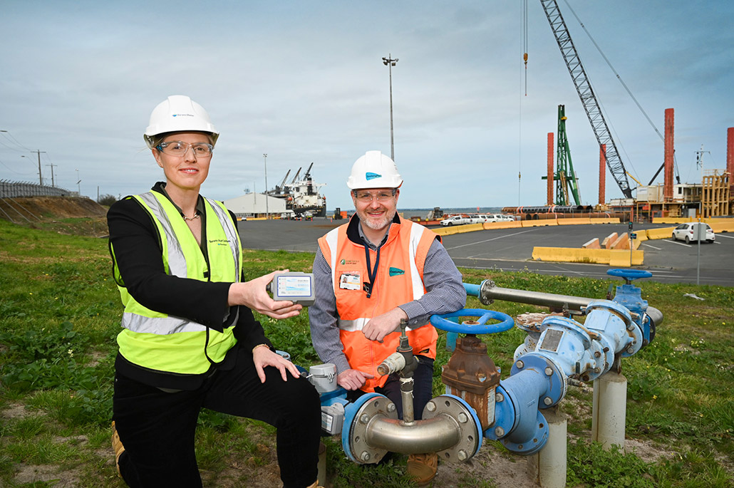 Photograph at the Geelong Port of Barwon Water's GM Laura Kendall and GeelongPort CEO Brett Winter 