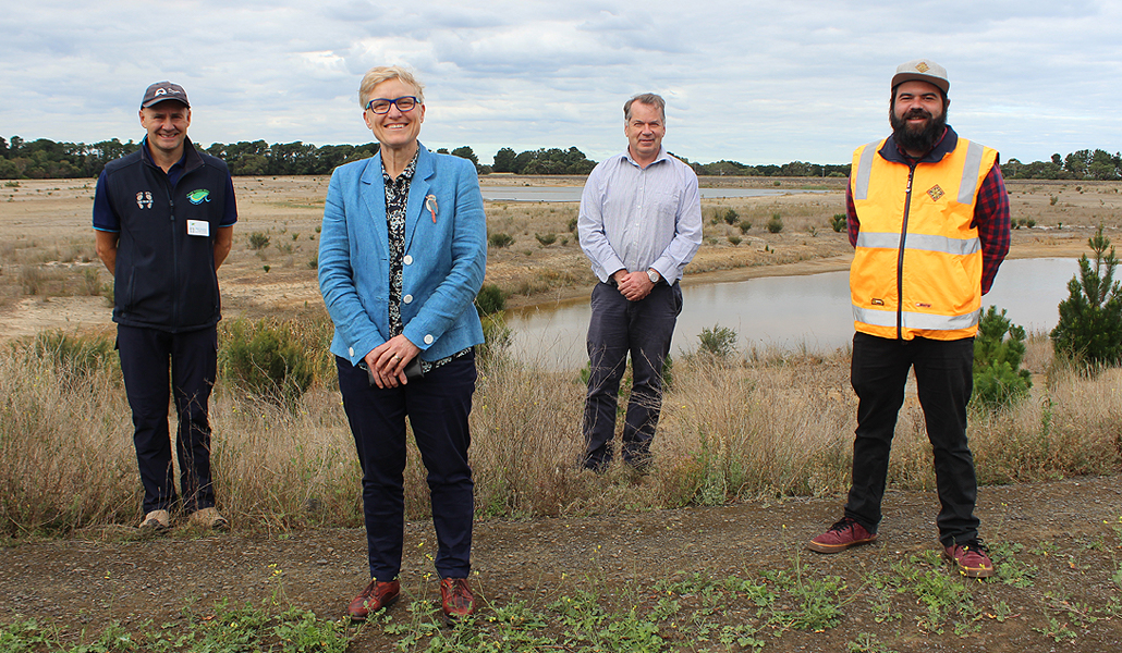 L to R: Bellarine Catchment Network Program Manager Matt Crawley, Barwon Water Managing Director Tracey Slatter, DELWP Barwon South West Acting Regional Manager Land and Built Environment Gavan Mathieson, Wadawurrung Traditional Owners Aboriginal Corporation’s Chase Aghan.