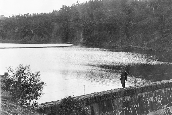 Photograph of the Lower Stony Creek Reservoir with stone wall.