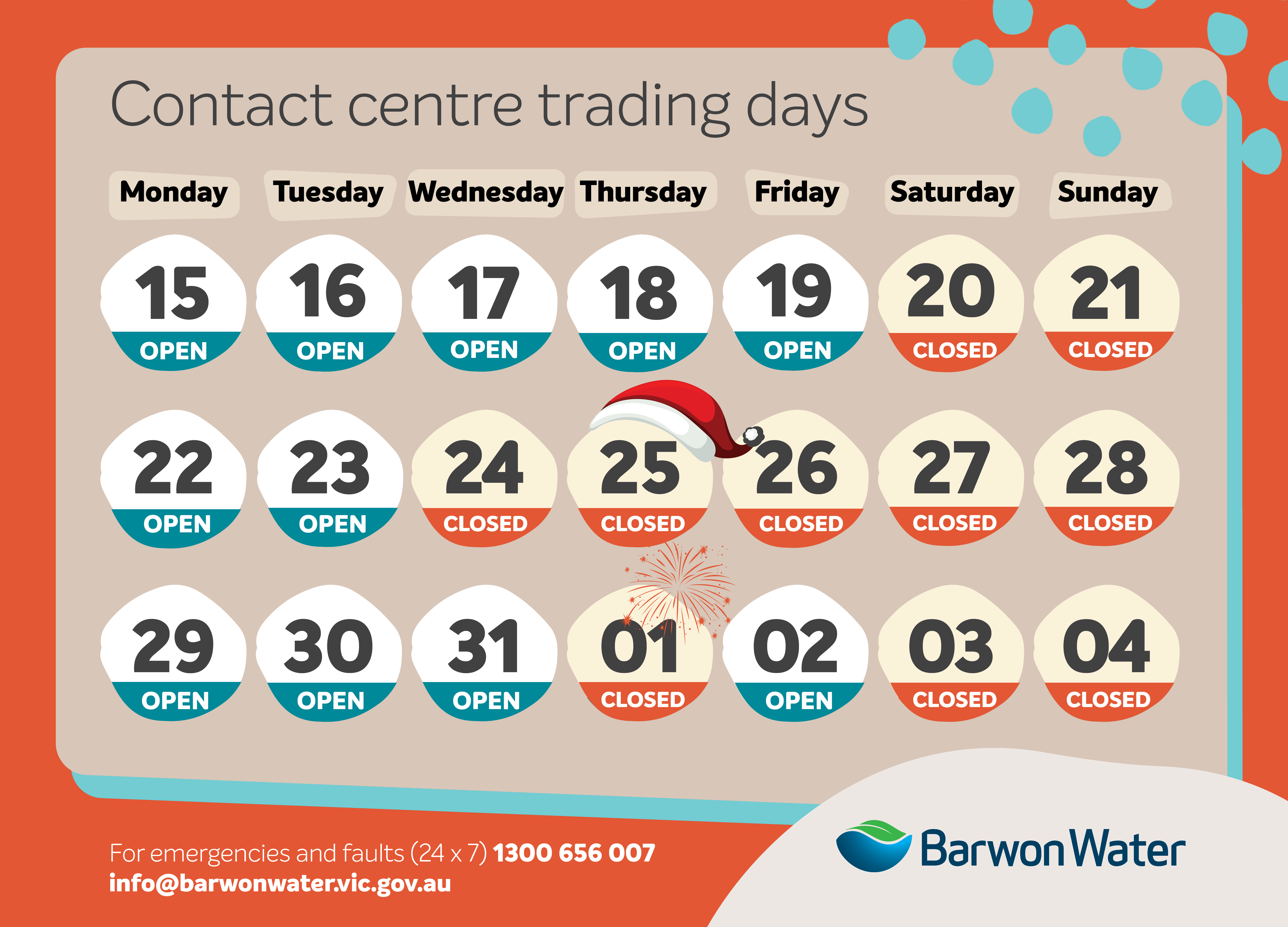 A colourful calendar-style graphic showing Barwon Water’s 2025 contact centre opening days, with dates highlighted to indicate open and closed periods.