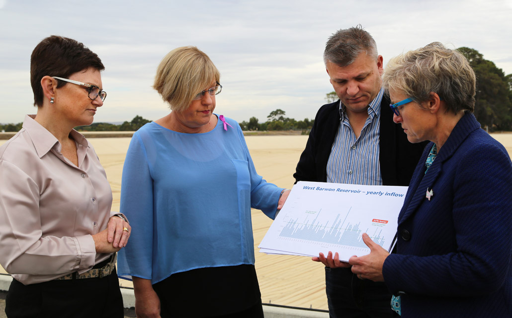 Left to right: Barwon Water Chair Jo Plummer, Water Minister The Hon Lisa Neville, Member for South Barwon Darren Cheeseman MP, Barwon Water Managing Director Tracey Slatter. Tracey is illustrating the historical decline of annual inflows to Barwon Water’s Otways Ranges water supply catchments.
