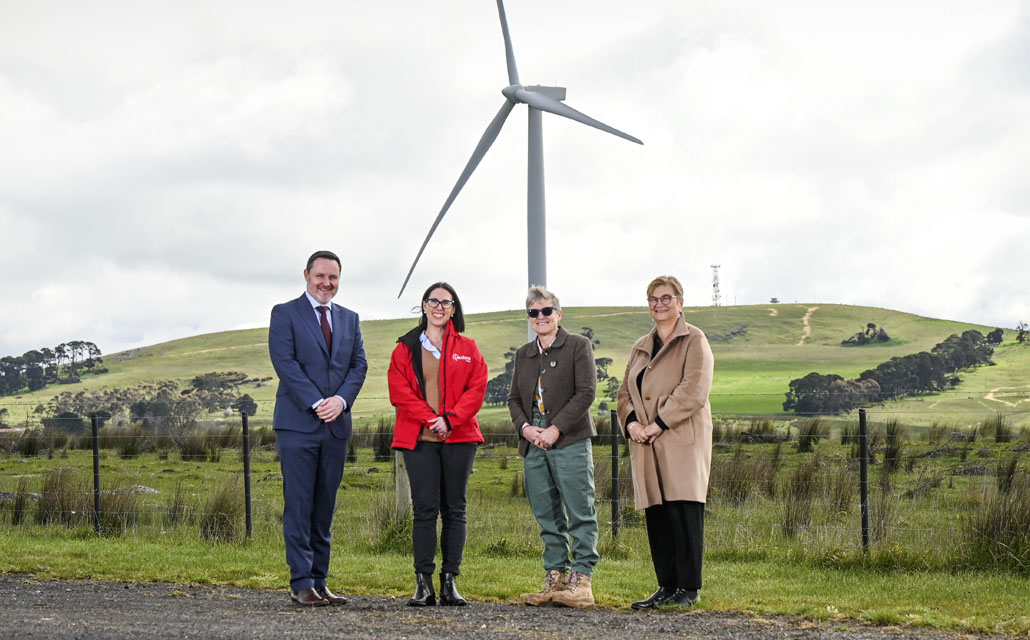 Left to right: Brett Winter (Chief Executive Officer, GeelongPort), Melanie Sutton (Director of Energy Markets and Policy, ACCIONA Energia), Tracey Slatter (Managing Director Barwon Water), and Frances Diver (Chief Executive, Barwon Health) at the Mount Gellibrand Wind Farm.